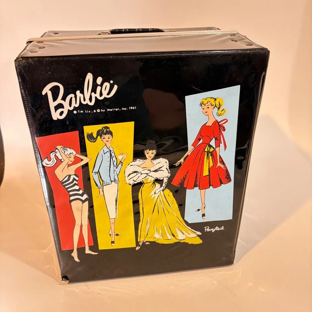 Vintage 1961 Barbie Ponytail Doll Trunk Case Mattel Black Vinyl Accessory Boxes